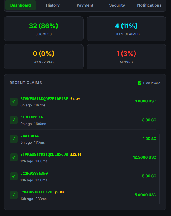 Cloud Claimer dashboard showing live claim history, daily stats, and response times